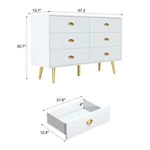 CARPETNAL White Dresser, Modern Dresser for Bedroom, 6 Drawer Dresser with Wide Drawers and Metal Handles, Wooden Double Dressers & Chest of Drawers for Hallway, Entryway