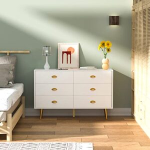 CARPETNAL White Dresser, Modern Dresser for Bedroom, 6 Drawer Dresser with Wide Drawers and Metal Handles, Wooden Double Dressers & Chest of Drawers for Hallway, Entryway