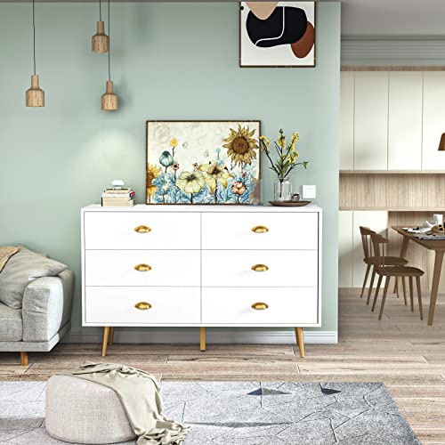 CARPETNAL White Dresser, Modern Dresser for Bedroom, 6 Drawer Dresser with Wide Drawers and Metal Handles, Wooden Double Dressers & Chest of Drawers for Hallway, Entryway