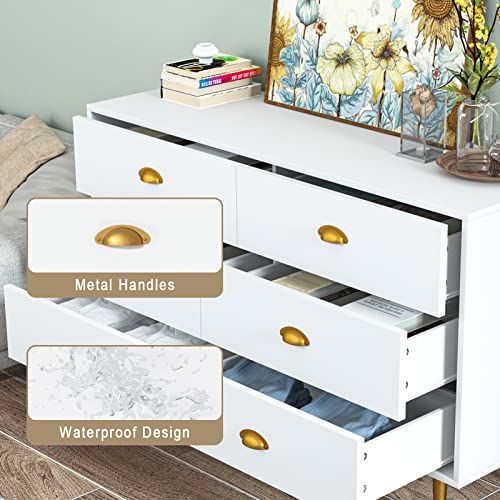 CARPETNAL White Dresser, Modern Dresser for Bedroom, 6 Drawer Dresser with Wide Drawers and Metal Handles, Wooden Double Dressers & Chest of Drawers for Hallway, Entryway