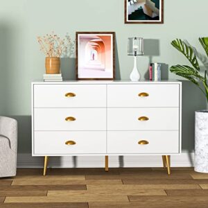 CARPETNAL White Dresser, Modern Dresser for Bedroom, 6 Drawer Dresser with Wide Drawers and Metal Handles, Wooden Double Dressers & Chest of Drawers for Hallway, Entryway