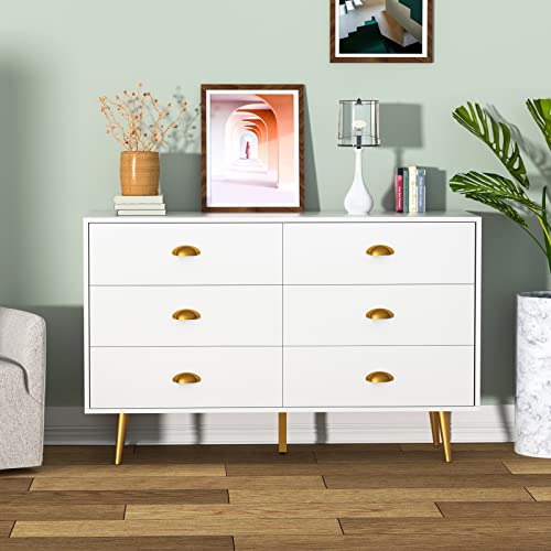 CARPETNAL White Dresser, Modern Dresser for Bedroom, 6 Drawer Dresser with Wide Drawers and Metal Handles, Wooden Double Dressers & Chest of Drawers for Hallway, Entryway