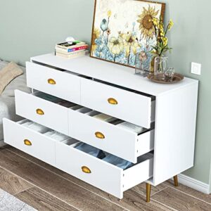 CARPETNAL White Dresser, Modern Dresser for Bedroom, 6 Drawer Dresser with Wide Drawers and Metal Handles, Wooden Double Dressers & Chest of Drawers for Hallway, Entryway