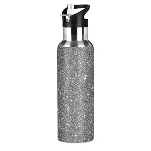 grey shiny water bottle with straw lid, 20 oz stainless steel insulated keeps hot and cold bottle, leakproof sports gym cycling outdoor water flask thermos bottle