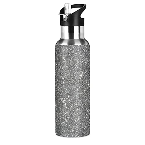 Grey Shiny Water Bottle with Straw Lid, 20 Oz Stainless Steel Insulated Keeps Hot and Cold Bottle, Leakproof Sports Gym Cycling Outdoor Water Flask Thermos Bottle