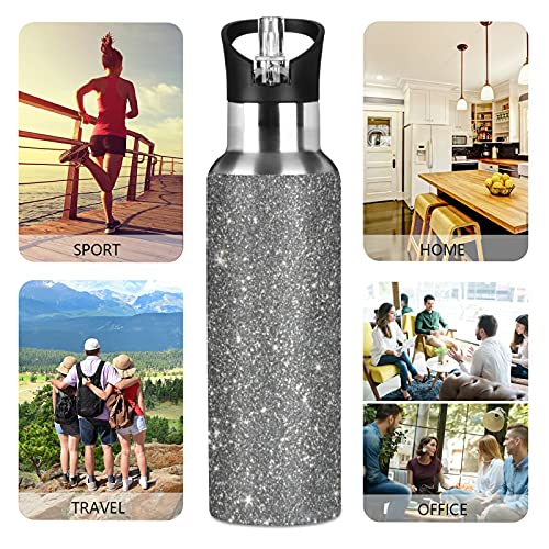 Grey Shiny Water Bottle with Straw Lid, 20 Oz Stainless Steel Insulated Keeps Hot and Cold Bottle, Leakproof Sports Gym Cycling Outdoor Water Flask Thermos Bottle