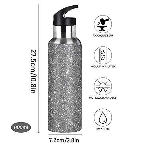 Grey Shiny Water Bottle with Straw Lid, 20 Oz Stainless Steel Insulated Keeps Hot and Cold Bottle, Leakproof Sports Gym Cycling Outdoor Water Flask Thermos Bottle