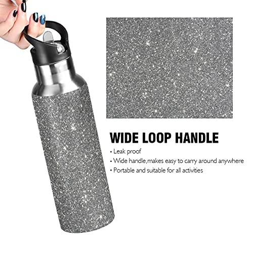 Grey Shiny Water Bottle with Straw Lid, 20 Oz Stainless Steel Insulated Keeps Hot and Cold Bottle, Leakproof Sports Gym Cycling Outdoor Water Flask Thermos Bottle