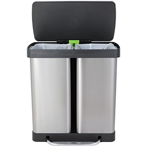 LAWNION 16 Gal Stainless Steel Trash Can, Dual Garbage Can for Kitchen with 2 Compartment, Recycle Rubbish Bin w/Removable Inner Buckets, Airtight, Soft Closure, for Kitchen, Living Room, Office