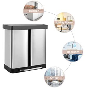 LAWNION 16 Gal Stainless Steel Trash Can, Dual Garbage Can for Kitchen with 2 Compartment, Recycle Rubbish Bin w/Removable Inner Buckets, Airtight, Soft Closure, for Kitchen, Living Room, Office