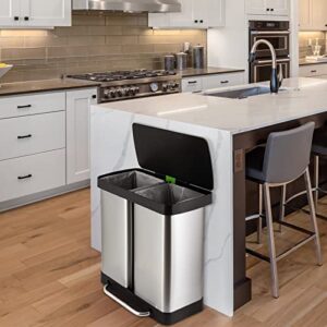 LAWNION 16 Gal Stainless Steel Trash Can, Dual Garbage Can for Kitchen with 2 Compartment, Recycle Rubbish Bin w/Removable Inner Buckets, Airtight, Soft Closure, for Kitchen, Living Room, Office