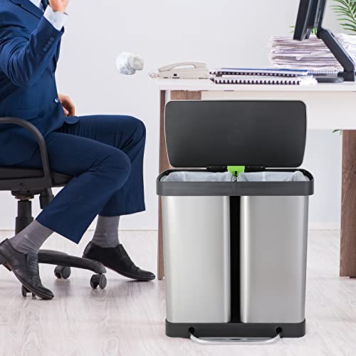 LAWNION 16 Gal Stainless Steel Trash Can, Dual Garbage Can for Kitchen with 2 Compartment, Recycle Rubbish Bin w/Removable Inner Buckets, Airtight, Soft Closure, for Kitchen, Living Room, Office