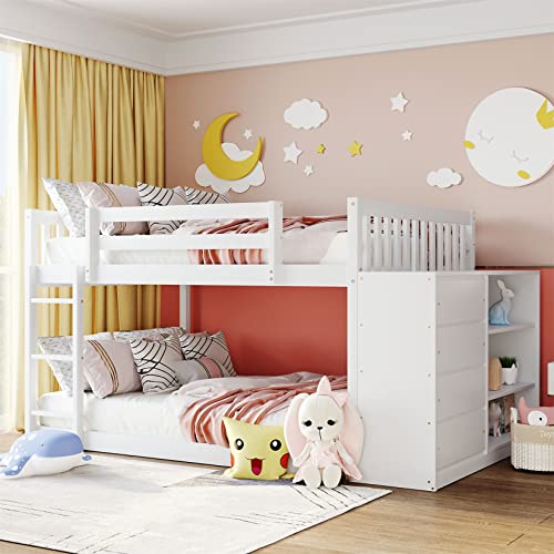 Full Over Full Bunk Bed with Storage Drawers and Shelves Wood Floor Bunk Beds with Cabinet for Kids Girls Boys, Teens, Adults, White