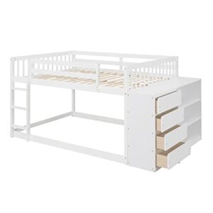 Full Over Full Bunk Bed with Storage Drawers and Shelves Wood Floor Bunk Beds with Cabinet for Kids Girls Boys, Teens, Adults, White