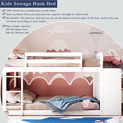 Full Over Full Bunk Bed with Storage Drawers and Shelves Wood Floor Bunk Beds with Cabinet for Kids Girls Boys, Teens, Adults, White