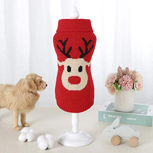 Dog Sweater Pet Christmas Clothes Cartoon Reindeer Dog Knitted Sweater Breathable and Warm Knitwear Warm Pet Sweaters for Dogs Puppy Kitten Cats Holiday Costumes (Red, XL)