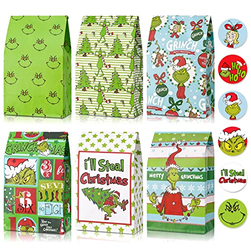 AnyDesign 48Pcs Christmas Treat Goodie Bag 6 Design Christmas Paper Gift Bag with 48Pcs Stickers Funny Cartoon Character Party Favor Bags Candy Bags for Snacks Cookie Wrapping Supplies