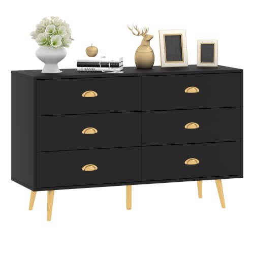 JOZZBY Black Dresser, 6 Drawer Dresser for Bedroom with Wide Drawers and Metal Handles, Storage Chest of Drawers for Living Room Hallway Entryway, 47.24 x 15.75x 30.7 inches