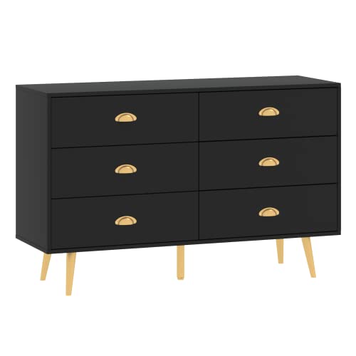 JOZZBY Black Dresser, 6 Drawer Dresser for Bedroom with Wide Drawers and Metal Handles, Storage Chest of Drawers for Living Room Hallway Entryway, 47.24 x 15.75x 30.7 inches