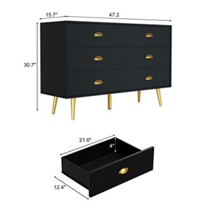 JOZZBY Black Dresser, 6 Drawer Dresser for Bedroom with Wide Drawers and Metal Handles, Storage Chest of Drawers for Living Room Hallway Entryway, 47.24 x 15.75x 30.7 inches