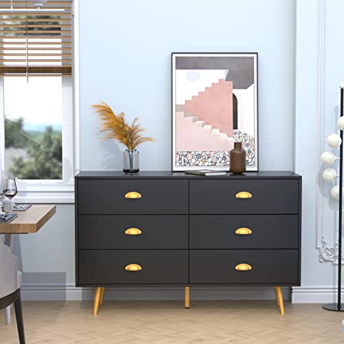 JOZZBY Black Dresser, 6 Drawer Dresser for Bedroom with Wide Drawers and Metal Handles, Storage Chest of Drawers for Living Room Hallway Entryway, 47.24 x 15.75x 30.7 inches