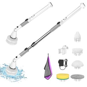electric spin scrubber, cordless electric cleaning brush with 5 replaceable brush heads adjustable extension handle, power shower scrubber for tub, tile, floor, sink and glass