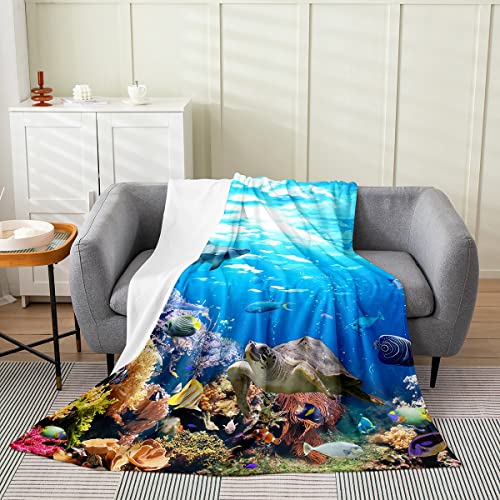 Erosebridal Sea Turtle Throw Blanket All Season,Shark Fleece Blanket Throw 50x60,Ocean Animals Fishes Fuzzy Blanket Sofa Bed Couch Decor,Tortoise Coastal Tropical Fish Fuzzy Blanket Lightweight