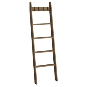 hoobro blanket ladder, wall leaning blanket rack, 5 ft, 5 tier farmhouse ladder shelf, towel rack, decorative quilt rack, removable hooks, living room, bedroom, bathroom, mocha br51cj01
