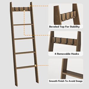 HOOBRO Blanket Ladder, Wall Leaning Blanket Rack, 5 Ft, 5 Tier Farmhouse Ladder Shelf, Towel Rack, Decorative Quilt Rack, Removable Hooks, Living Room, Bedroom, Bathroom, Mocha BR51CJ01