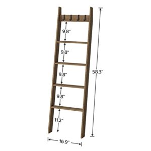 HOOBRO Blanket Ladder, Wall Leaning Blanket Rack, 5 Ft, 5 Tier Farmhouse Ladder Shelf, Towel Rack, Decorative Quilt Rack, Removable Hooks, Living Room, Bedroom, Bathroom, Mocha BR51CJ01