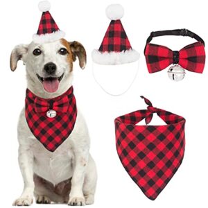 dog christmas bandana outfit hat bow tie set, pet classic plaid scarf triangle bibs costumes, puppy kerchief apparel with bell decoration accessories for small medium large dogs cats (red)