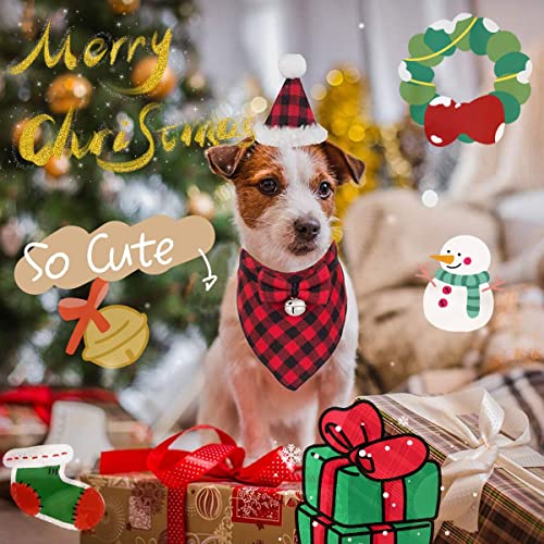 Dog Christmas Bandana Outfit Hat Bow tie Set, Pet Classic Plaid Scarf Triangle Bibs Costumes, Puppy Kerchief Apparel with Bell Decoration Accessories for Small Medium Large Dogs Cats (Red)