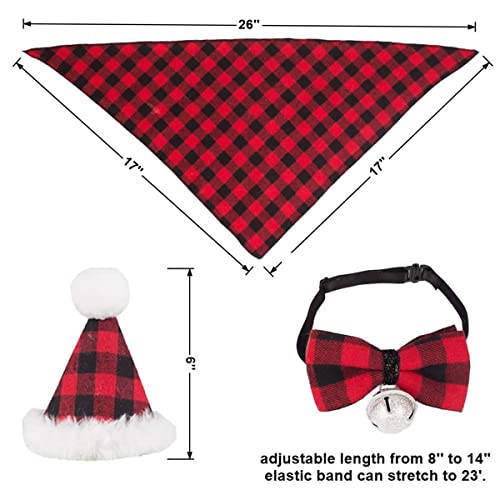 Dog Christmas Bandana Outfit Hat Bow tie Set, Pet Classic Plaid Scarf Triangle Bibs Costumes, Puppy Kerchief Apparel with Bell Decoration Accessories for Small Medium Large Dogs Cats (Red)