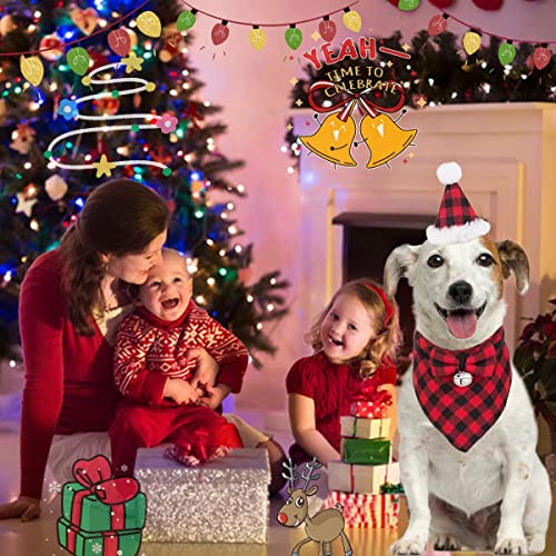 Dog Christmas Bandana Outfit Hat Bow tie Set, Pet Classic Plaid Scarf Triangle Bibs Costumes, Puppy Kerchief Apparel with Bell Decoration Accessories for Small Medium Large Dogs Cats (Red)