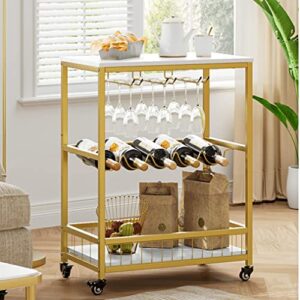 hithos industrial bar carts for the home, mobile serving cart with wine rack and glass holder, beverage cart, on wheels, rolling drink trolley living room, kitchen, white gold