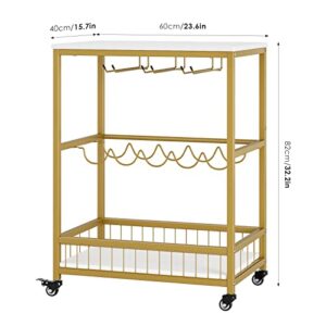 HITHOS Industrial Bar Carts for The Home, Mobile Serving Cart with Wine Rack and Glass Holder, Beverage Cart, on Wheels, Rolling Drink Trolley Living Room, Kitchen, White Gold