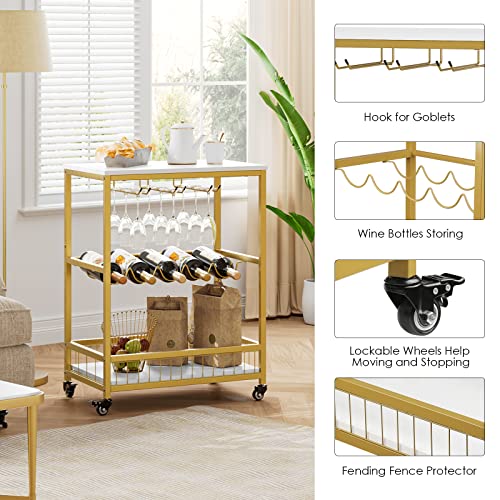 HITHOS Industrial Bar Carts for The Home, Mobile Serving Cart with Wine Rack and Glass Holder, Beverage Cart, on Wheels, Rolling Drink Trolley Living Room, Kitchen, White Gold