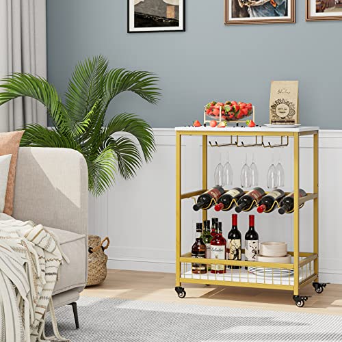 HITHOS Industrial Bar Carts for The Home, Mobile Serving Cart with Wine Rack and Glass Holder, Beverage Cart, on Wheels, Rolling Drink Trolley Living Room, Kitchen, White Gold