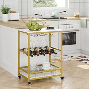 HITHOS Industrial Bar Carts for The Home, Mobile Serving Cart with Wine Rack and Glass Holder, Beverage Cart, on Wheels, Rolling Drink Trolley Living Room, Kitchen, White Gold
