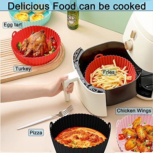 8.5Inch Air Fryer Silicone Liners,HUAPX 2Pack Reusable Air Fryer Basket Round Replacement of Parchment Paper Liners & Air Fryer Pot,Food Safe Non Stick Oven Accessories Fits 5QT or Bigger (Black+Red)