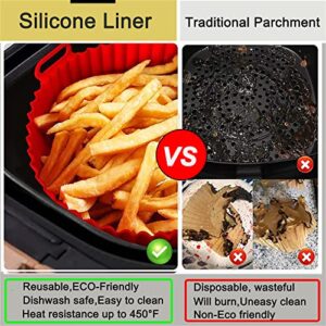 8.5Inch Air Fryer Silicone Liners,HUAPX 2Pack Reusable Air Fryer Basket Round Replacement of Parchment Paper Liners & Air Fryer Pot,Food Safe Non Stick Oven Accessories Fits 5QT or Bigger (Black+Red)