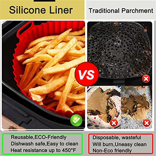 8.5Inch Air Fryer Silicone Liners,HUAPX 2Pack Reusable Air Fryer Basket Round Replacement of Parchment Paper Liners & Air Fryer Pot,Food Safe Non Stick Oven Accessories Fits 5QT or Bigger (Black+Red)