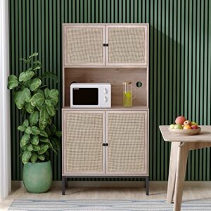 yechen storage cabinet with natural handmade rattan wicker doors, freestanding sideboard with large countertop, kitchen buffet (natural color)