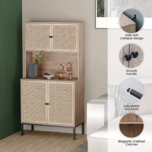 Yechen Storage Cabinet with Natural Handmade Rattan Wicker Doors, Freestanding Sideboard with Large Countertop, Kitchen Buffet (Natural Color)