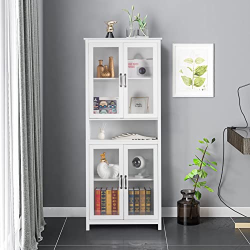 SSLine 5-Tier Bookshelf Bookcase with 4 Doors,71'' Wooden Tall Storage Cabinet with Open Storage and Spray Paint Acrylic Door,Adjustable Shelves for Living Room Bedroom Study Office Book Organizer