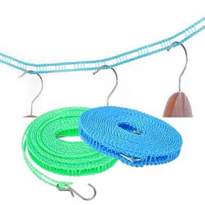 must-have 2-pack clothesline for home hotel travel, windproof laundry lines convenient outdoor indoor, compact-sized versatile rope for miscellaneous items drying or hanging, 3m&5m, blue&green