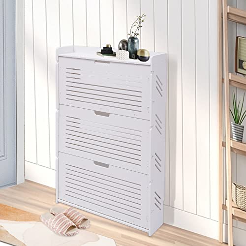 3-Layer White Tipping Shoe Cabinet, Shoe Rack Cabinet for Entryway, Ultra-Thin Shoe Cabinet Breathable, 19.29*6.69*42.91inch
