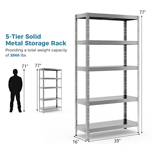 Giantex 4 Pcs 5-Tier Storage Shelves, 39 x 16 x 77 Inch Adjustable Steel Storage Rack with Foot Pads, 2866 LBS Load Capacity,Bolt-Free Installation Hevy Duty Garage Shelving for Warehouse, Silver