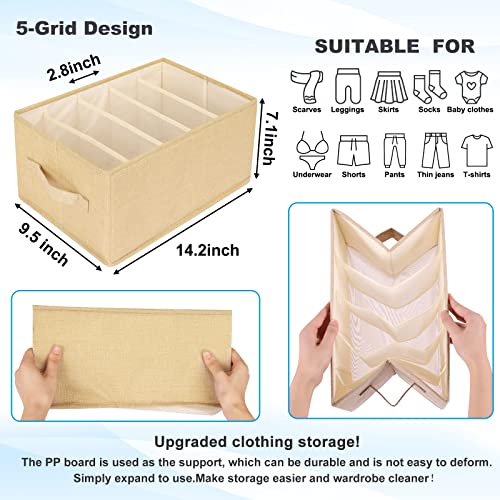 Fixwal 4pcs Wardrobe Clothes Organizer and Storage with Support Board Foldable Jean Closet Organizer for Drawer Washable Compartment Closet Organizers and Storage Bins for Pants Sweaters 5 Grids Beige