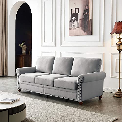 Lestar Fabric Sofa Couch 3 Seats Modern Upholstered Sofas 3 Seater Couches with Nails and Armrests (Grey)